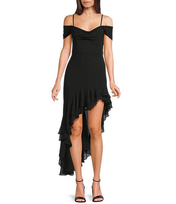 City Vibe Off The Shoulder Drape Chiffon Ruffle Hi-Lo Dress Product Image