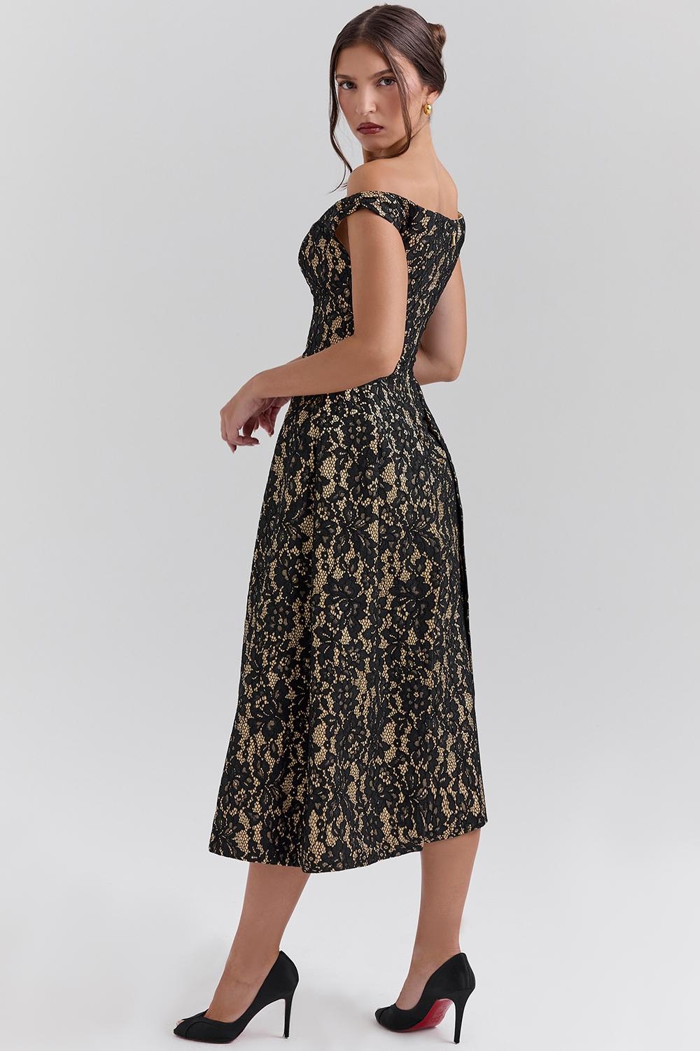 Charming  black gold lace off shoulder midi gown Product Image