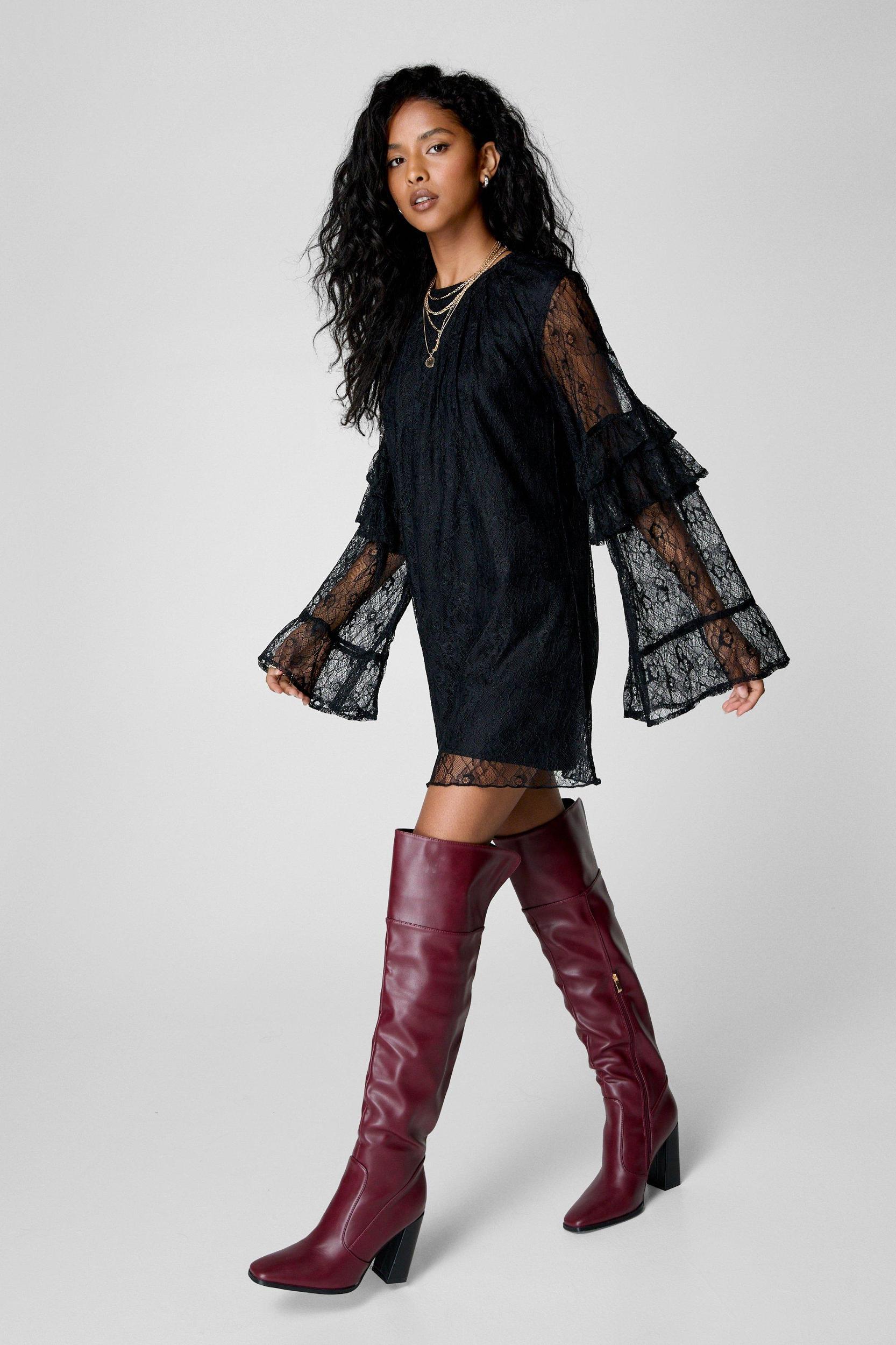Lace Ruffle Fluted Sleeve Tunic Mini Dress Product Image