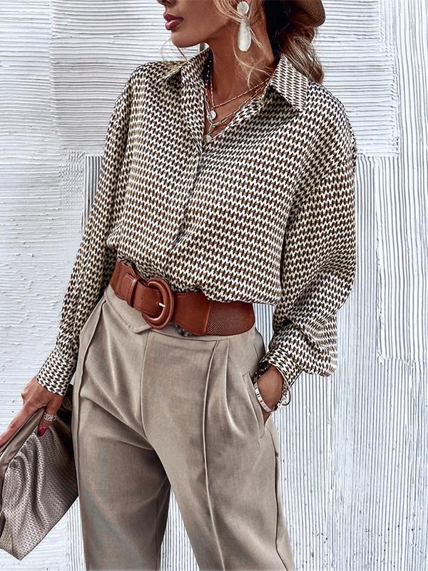 Long Sleeves Loose Buttoned Pleated Printed Lapel Blouses&Shirts Tops Product Image