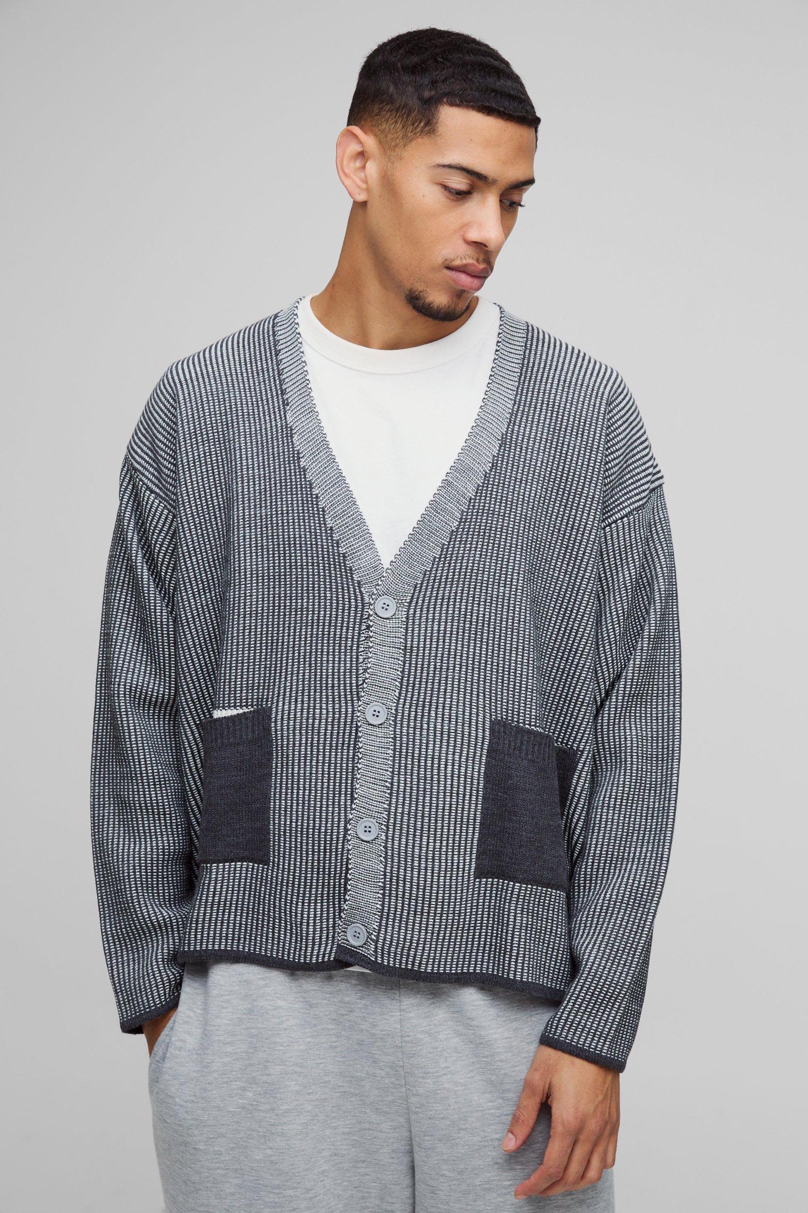 Oversized Boxy Dropped Shoulder Ribbed Contrast Knitted Cardigan | boohooMAN USA Product Image