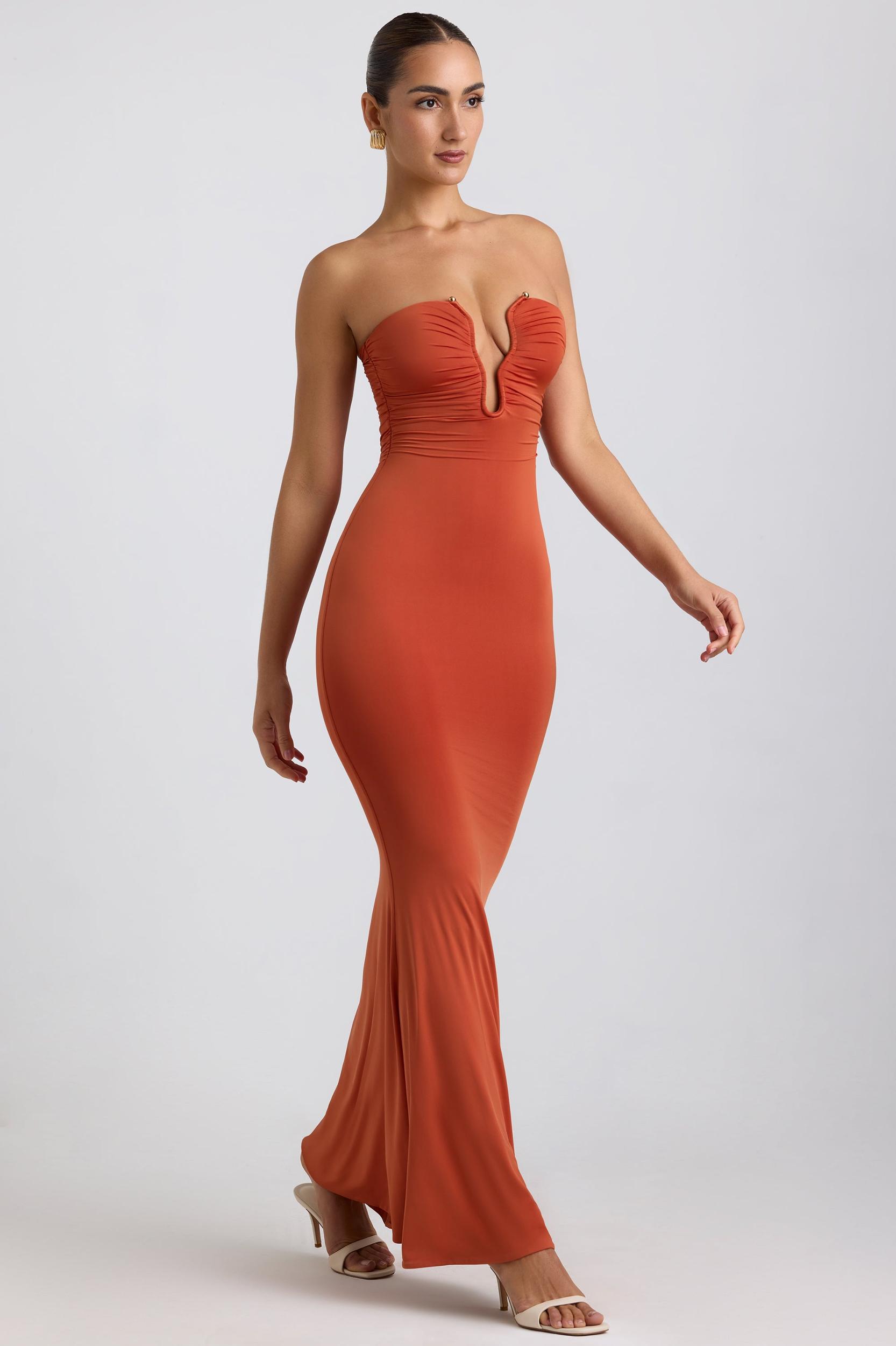 Slinky Jersey Hardware Detail Strapless Maxi Dress in Burnt Orange Product Image