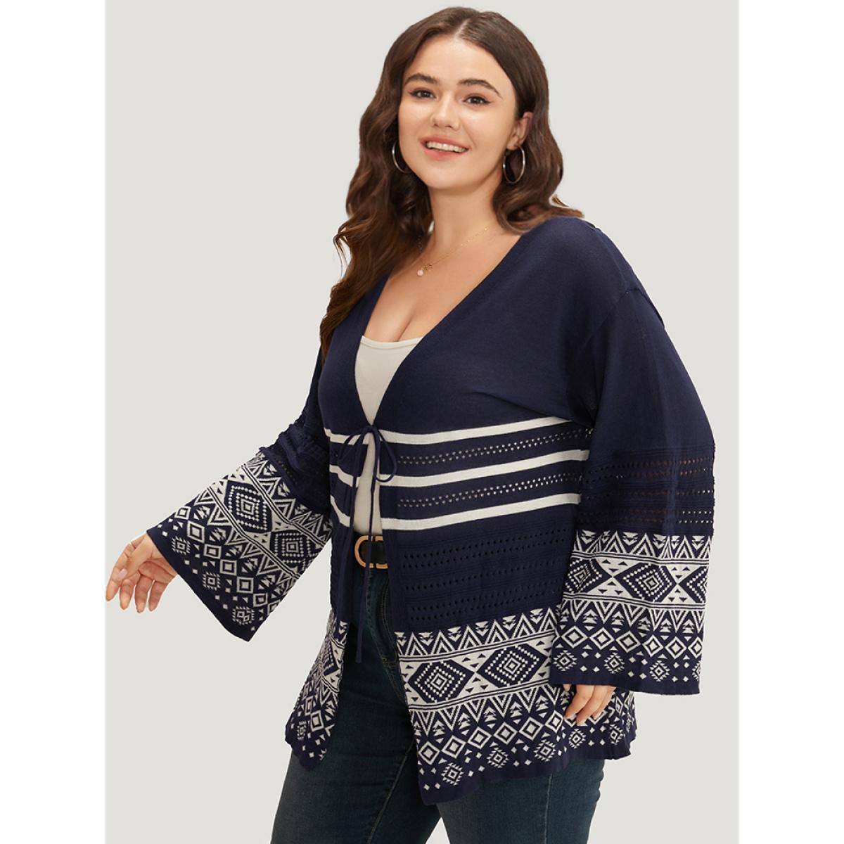 Plus Size Bandana Print Geo Eyelet Ties Front Cardigan Indigo Women Casual Loose Long Sleeve Everyday Cardigans BloomChic 28/5X Product Image
