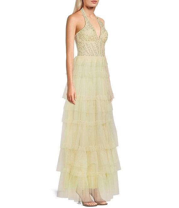 Blondie Nites Mesh Beaded Applique Halter Neck Tiered Gown Product Image
