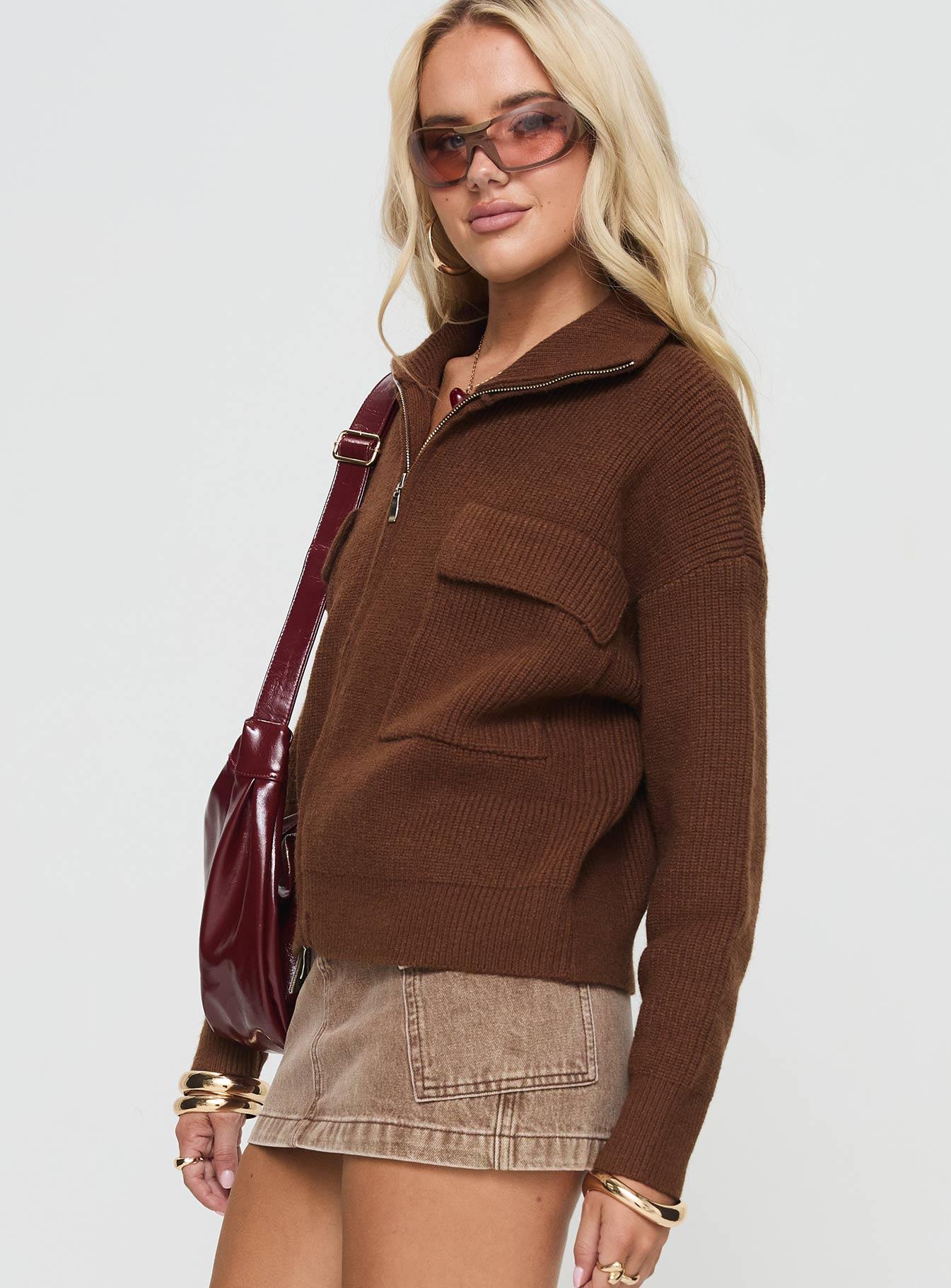 Too Busy Zip Up Sweater Chocolate Product Image