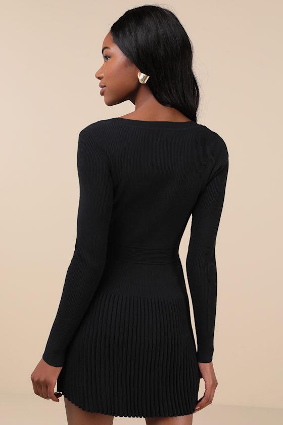 Chicest Crush Black Ribbed Long Sleeve Mini Sweater Dress Product Image