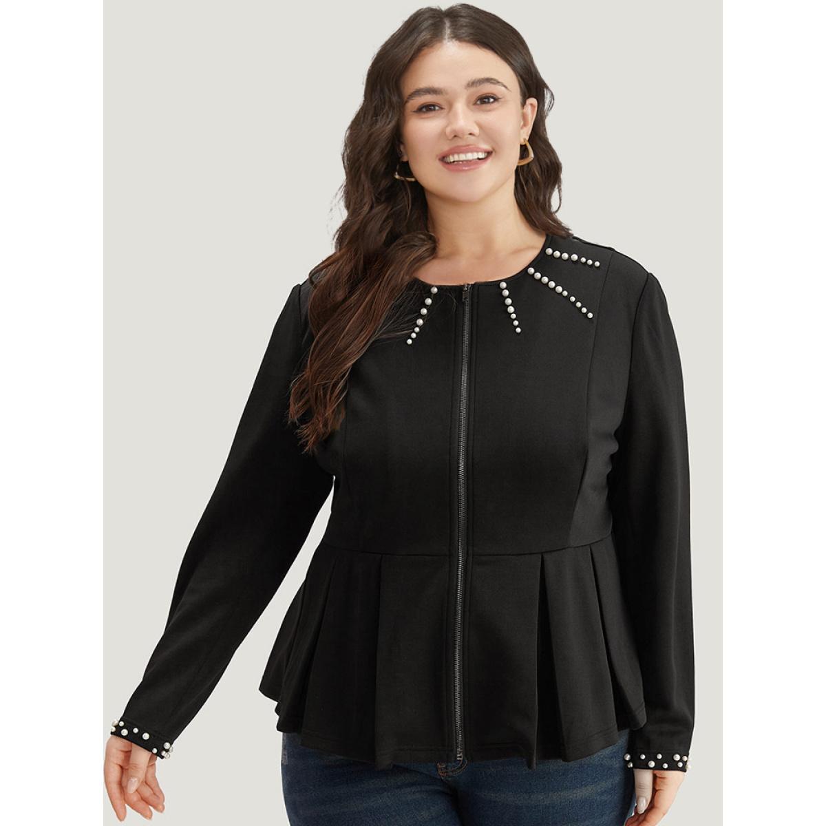 Plus Size Pearl Beaded Zipper Plicated Detail Coat Women Black Work From Home Plain Ladies Office Winter Coats BloomChic 30/6X Product Image