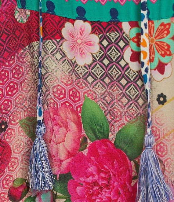 John Mark Woven Printed Split Round Neck 3/4 Sleeve Tassel Tie Tunic Product Image