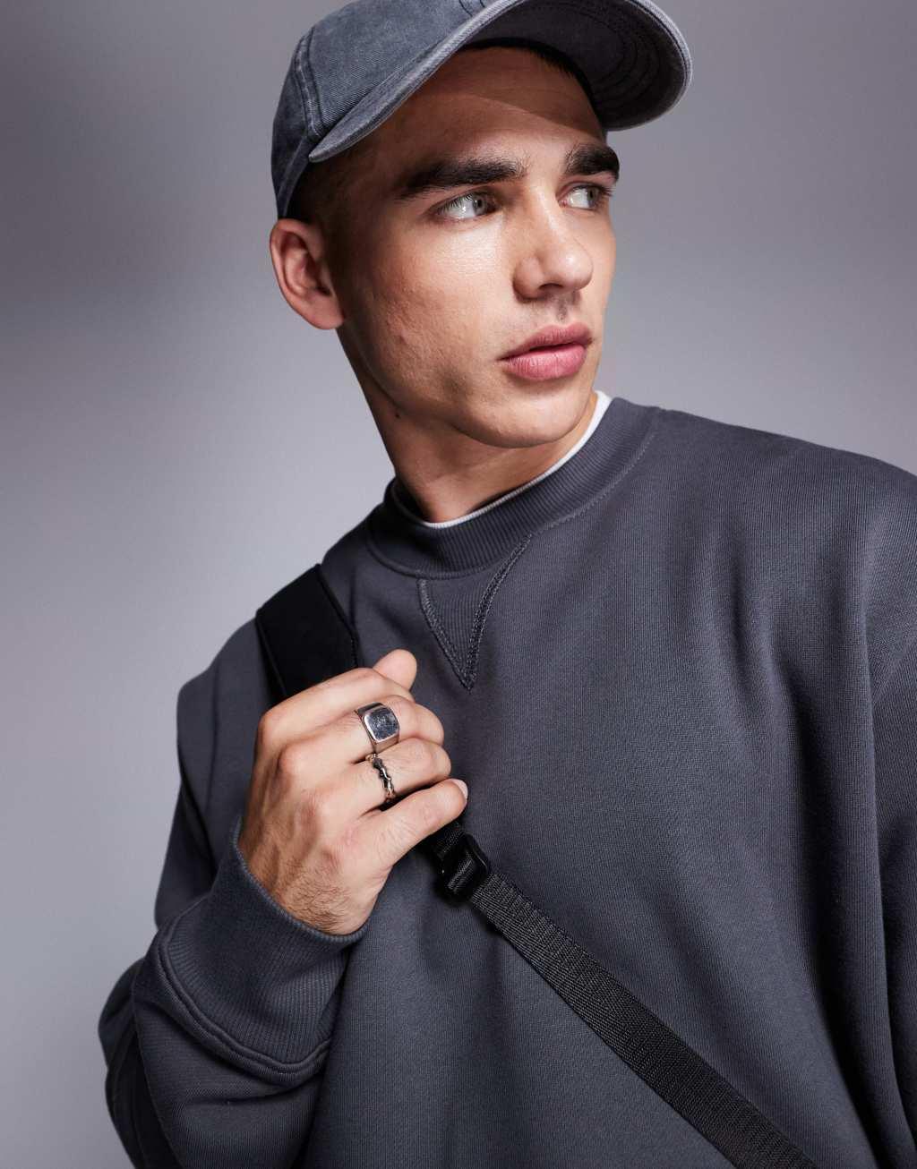 ASOS DESIGN premium heavyweight oversized sweatshirt in washed black Product Image