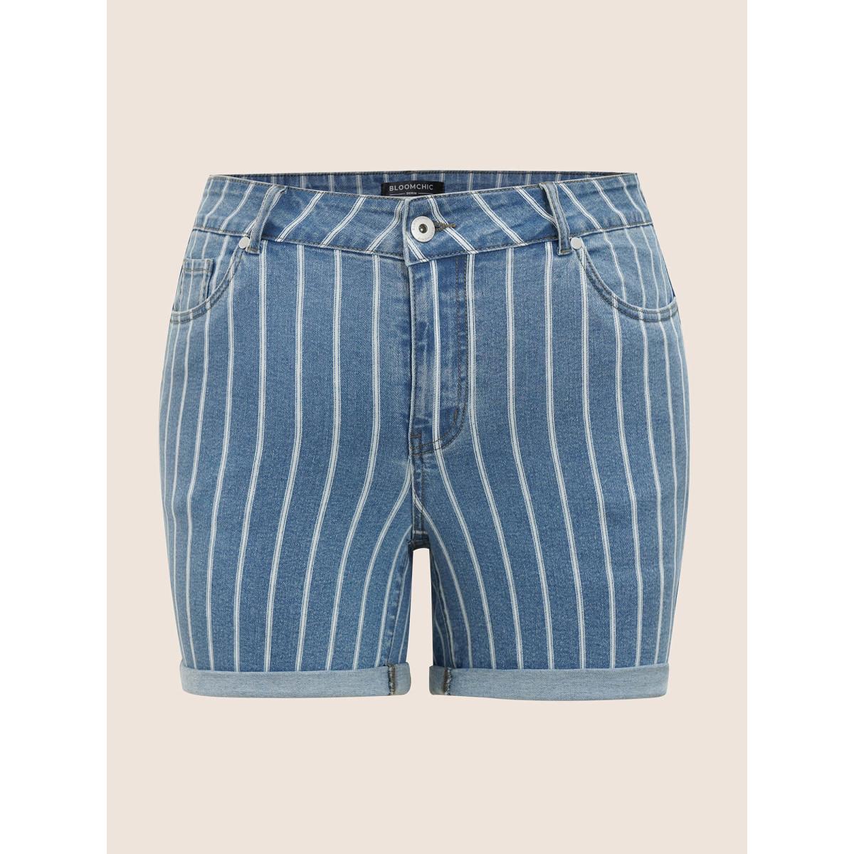Plus Size Striped Roll Hem Light Wash Denim Shorts Women Denimblue Roll Hem High stretch Everyday Slanted pocket Casual Denim Shorts BloomChic 18/2X Product Image