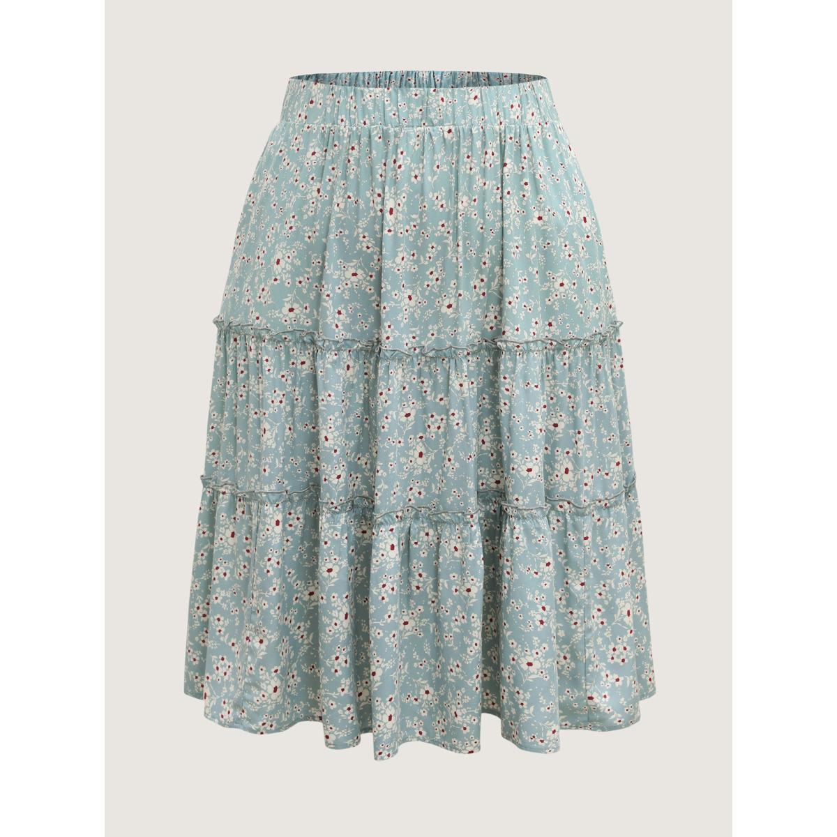 Plus Size Floral Print Stretchy Waist Tiered Midi Skirt Women Stone Loose No stretch Side seam pocket Vacation Skirts BloomChic 28/5X Product Image