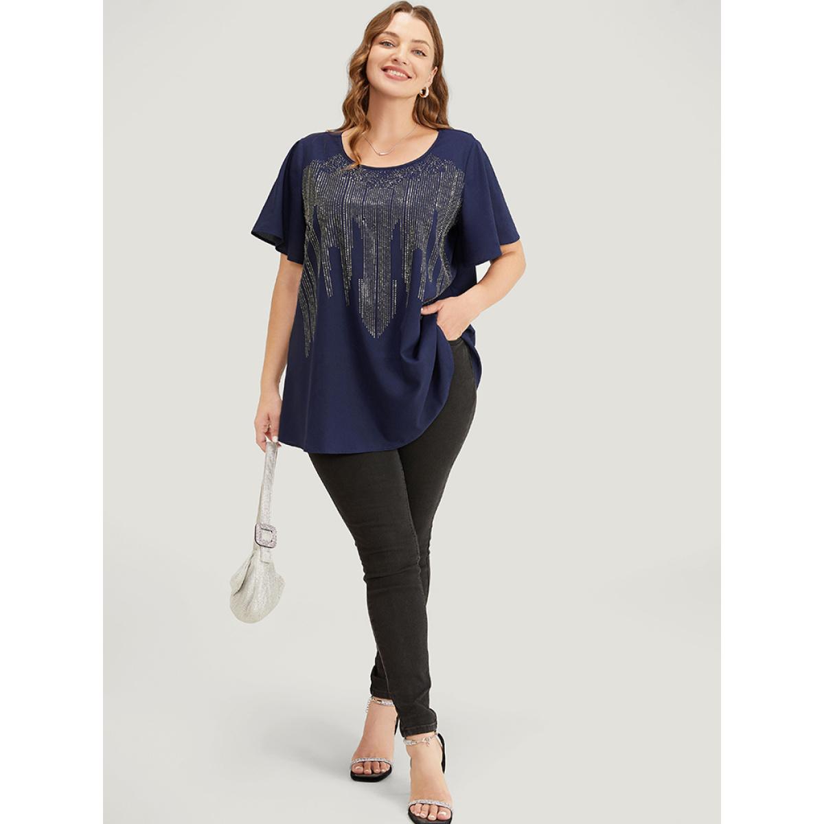 Plus Size Aegean Plain Rhinestones Detail Ruffles Sleeve Blouse Women Party Short sleeve Round Neck Dailywear Blouses BloomChic 26/4X Product Image