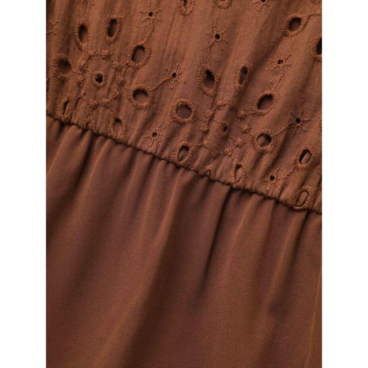 Plus Size Broderie Anglaise Patchwork Tie Knot Dress Browncoffeecolor Women Elegant Patchwork Round Neck Long Sleeve Curvy BloomChic 22-24/3X Product Image