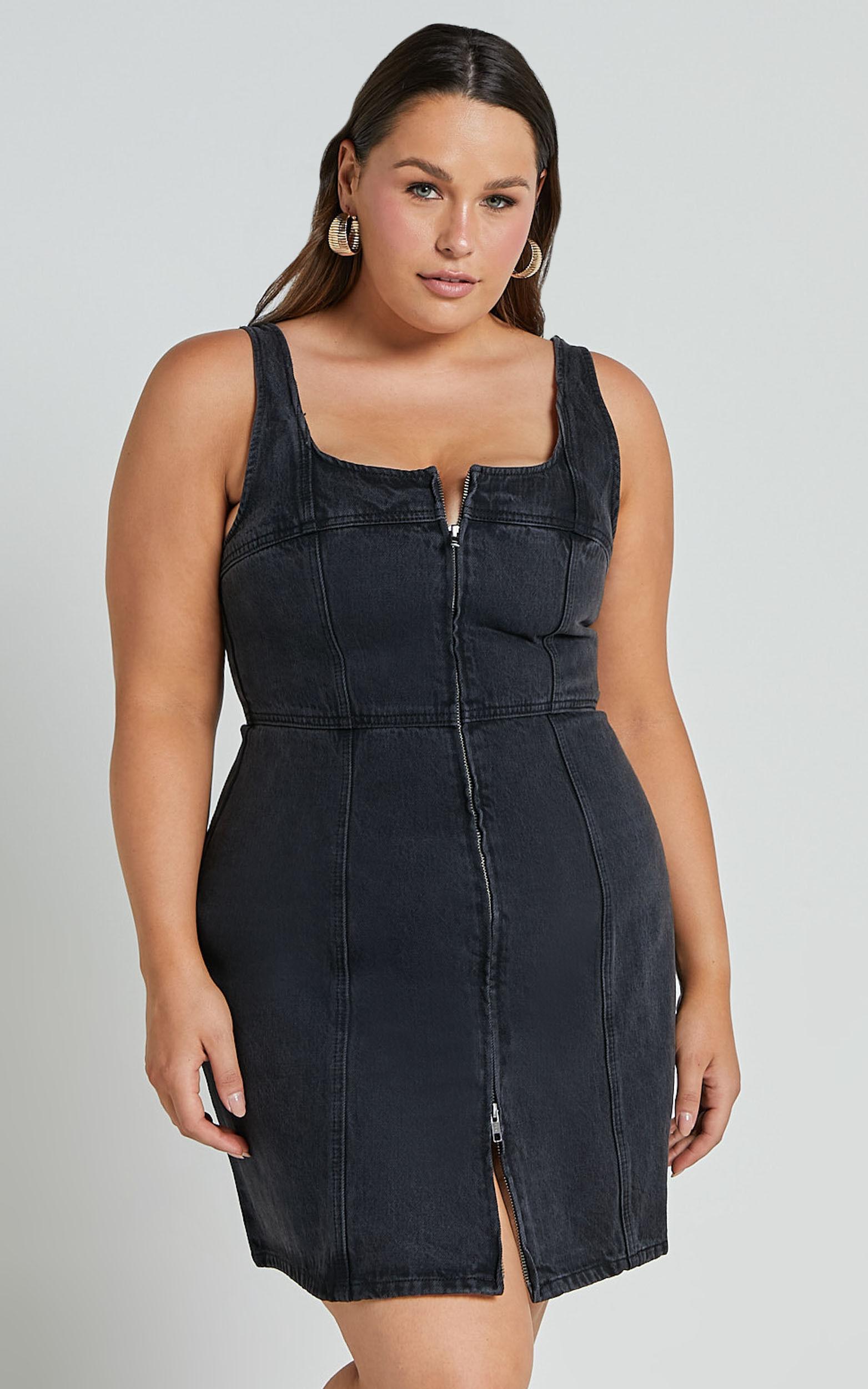 Chrysoula Mini Dress - Square Neck Zip Front Sleeveless Bodycon Denim in Washed Black Product Image