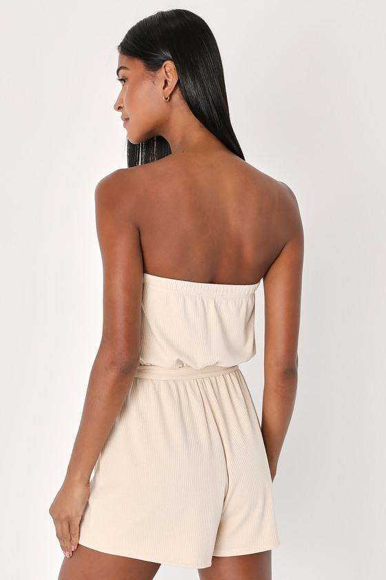 Leisurely Moments Beige Ribbed Knit Strapless Lounge Romper Product Image