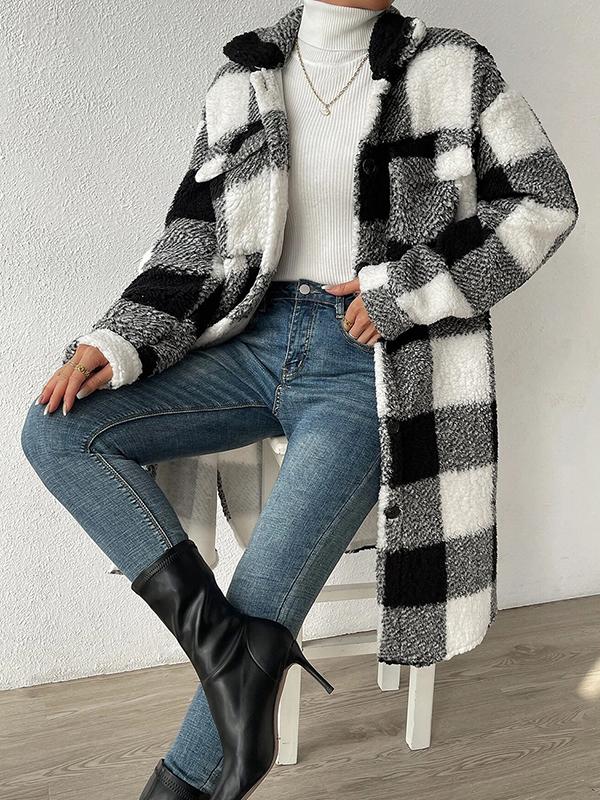 Plaid Tartan Lapel Neck Midi Jacket Product Image