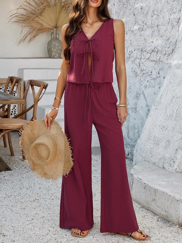 Loose Sleeveless Solid Color Tied V-Neck Vest Top + Elasticity Pockets Pants Bottom Two Pieces Set Product Image