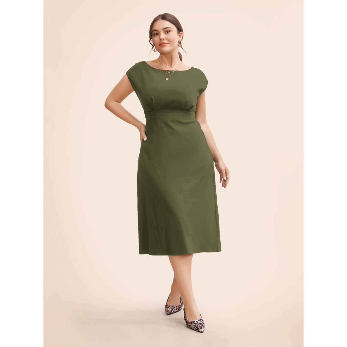 Plus Size Stretch Woven Cowl Neckline Midi Dress Black Women Workwear Essentials Pleated Boat Neck Cap Sleeve Curvy BloomChic 10/M Product Image