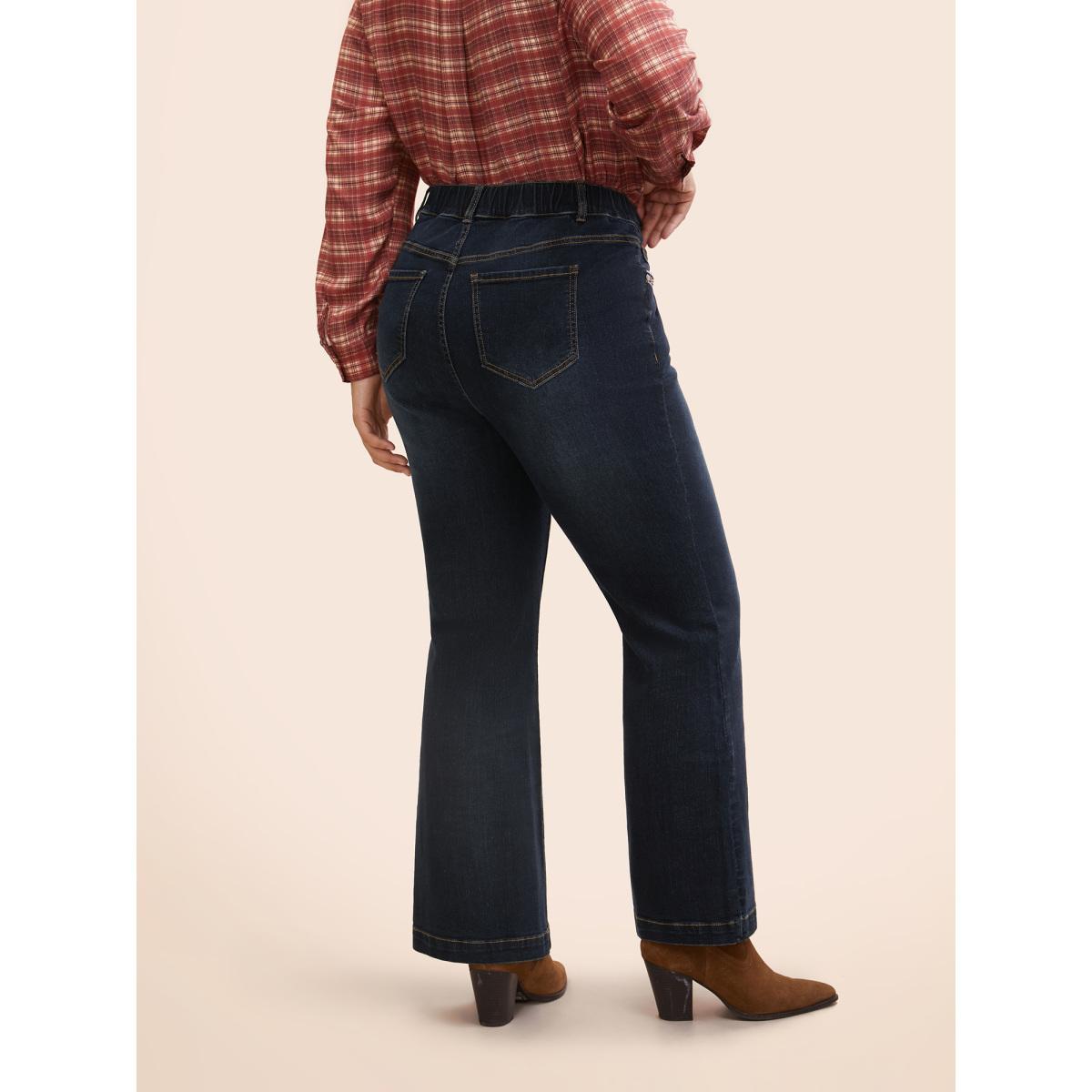 Plus Size Stretch Denim Front Embroided Pockets Flare Jeans Women Darkindigo Casual Embroidered Medium stretch Slanted pocket Jeans BloomChic 10/M Product Image