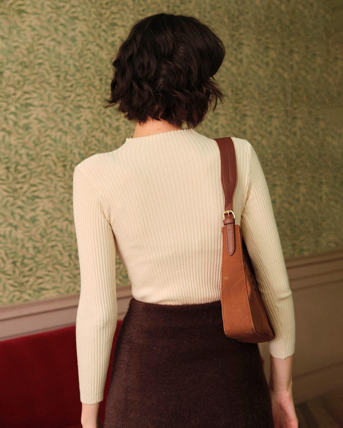The Beige Mock Neck Ribbed Knit Top Female Product Image