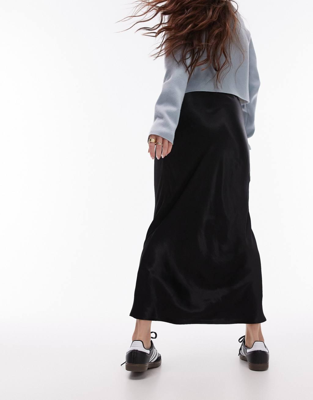 Topshop satin bias midi skirt in black Product Image