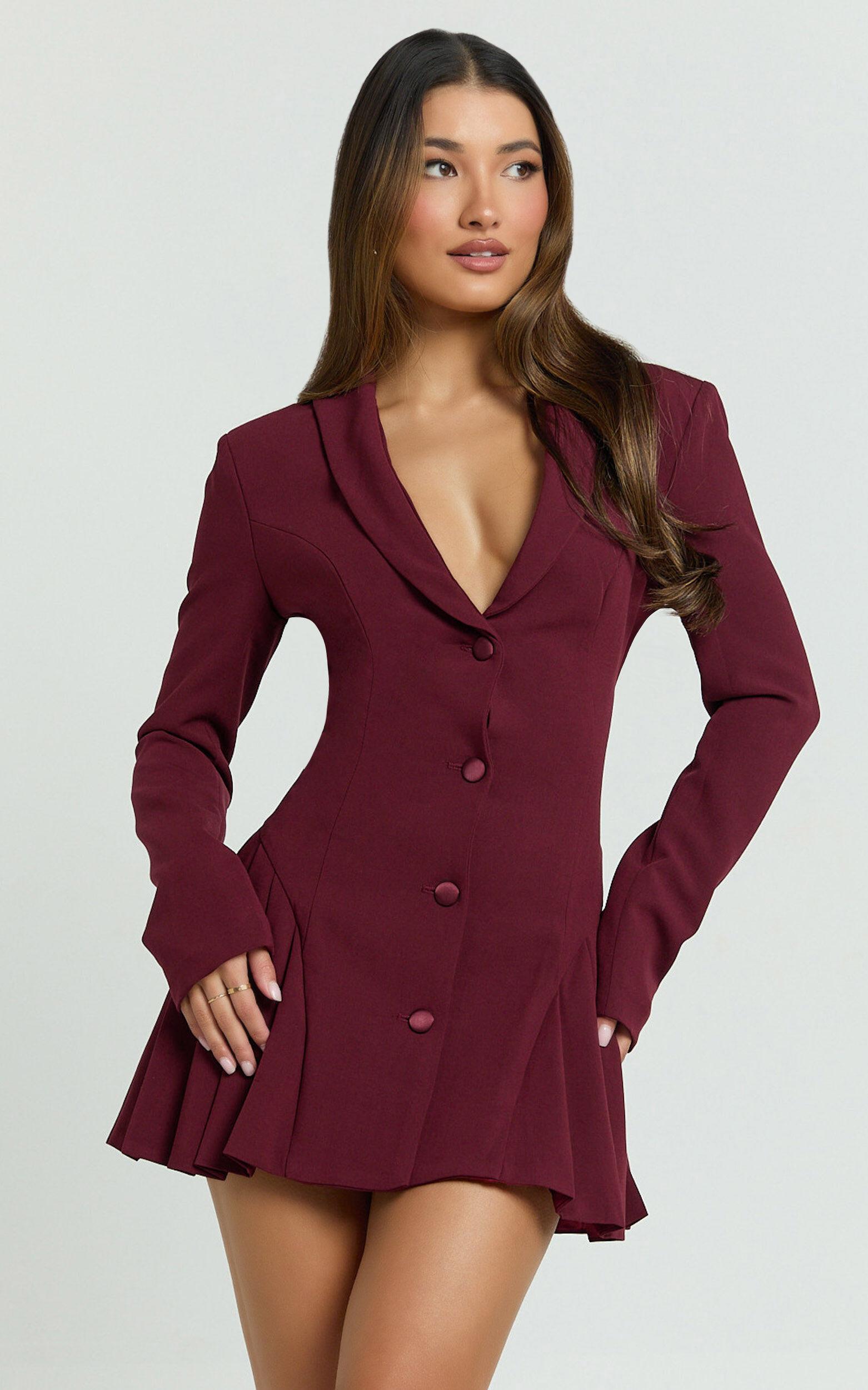 Bea Mini Dress - Collared Long Sleeve Fit And Flare Pleated Dress in Wine Product Image