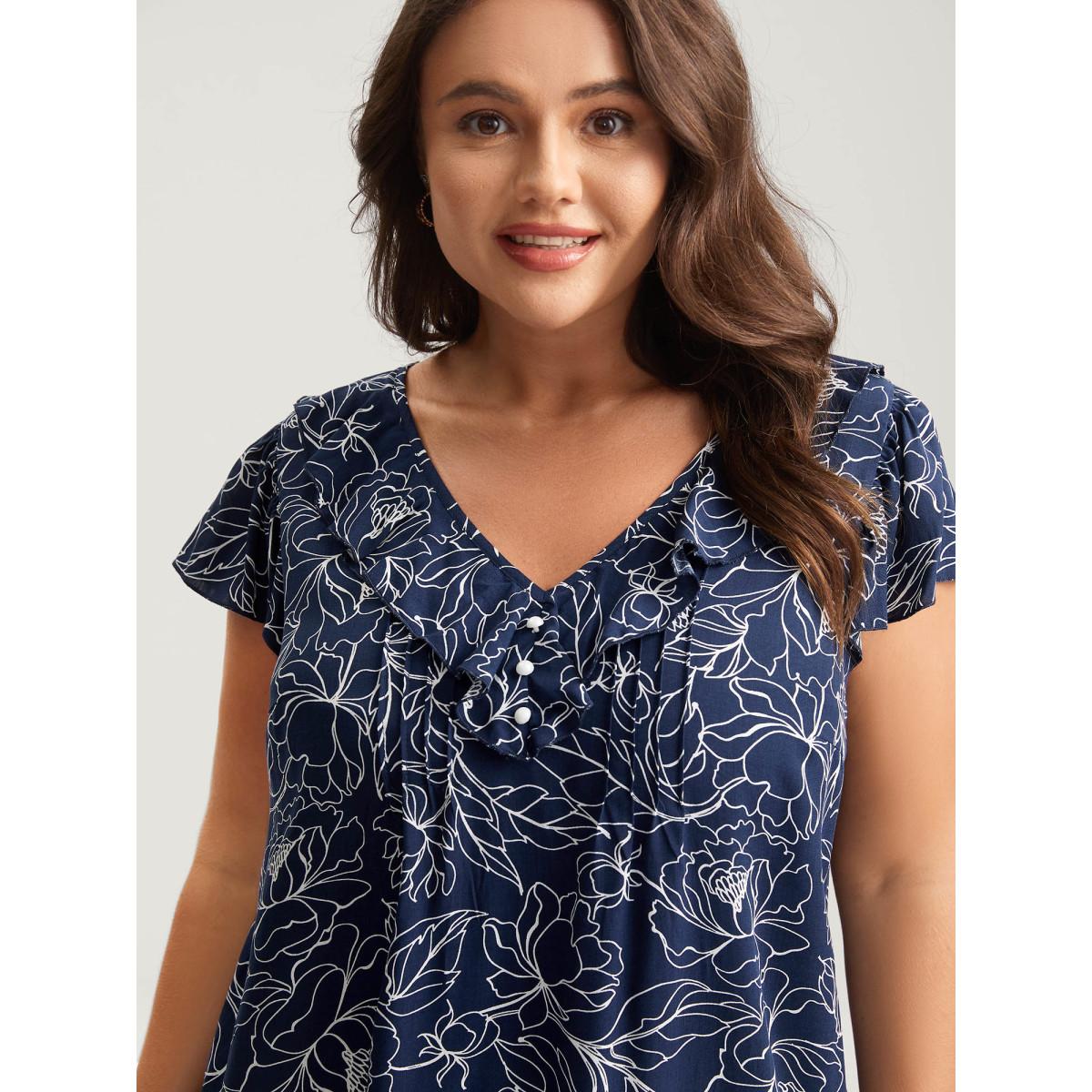 Plus Size DarkBlue Floral Abstract Print Ruffled Blouse Women Timeless Short sleeve V-neck Elegant Blouses BloomChic 30/6X Product Image