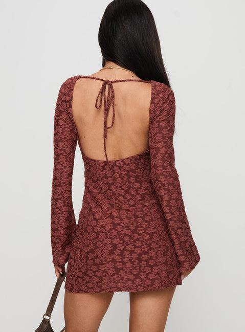 Primrosa Long Sleeve Mini Dress Burgundy Product Image