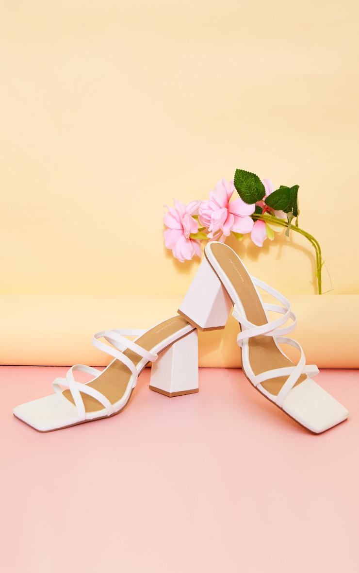 White PU Wide Fit Square Toe Strappy Block Heeled Mules Product Image
