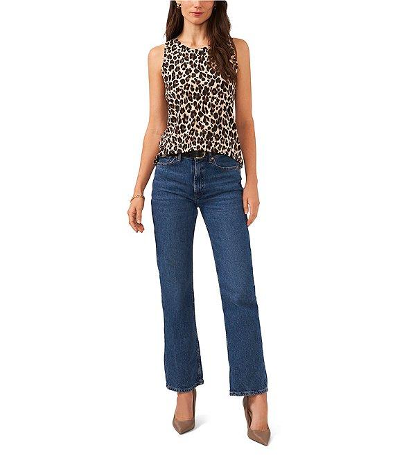 Vince Camuto Leopard Knit Crew Neck Sleeveless Back Keyhole Split Hem Blouse Product Image