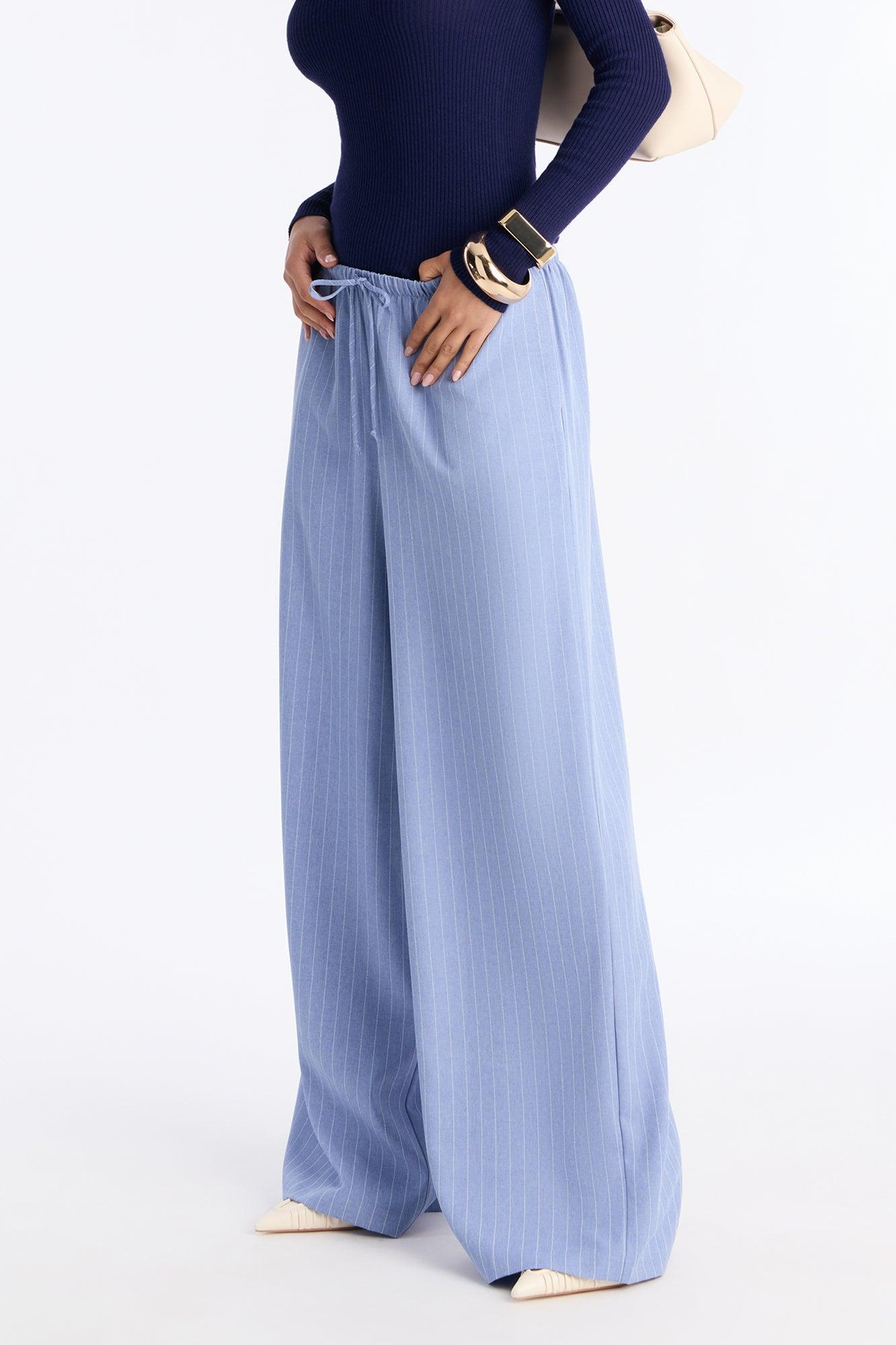 Mallory Pinstripe Easy Pull On Wide Leg Pant 33″ - Blue Female Product Image
