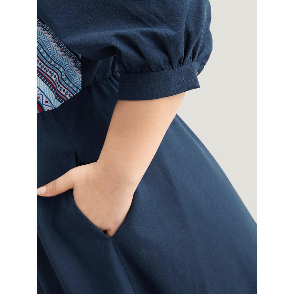 Plus Size Boho Print Striped Patchwork Lantern Sleeve Dress Indigo Women Vacation Printed V-neck Elbow-length sleeve Curvy Midi Dress BloomChic 22-24/3X Product Image