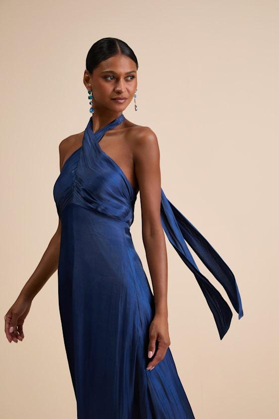 Canley Blue Satin Cross-Front Halter Maxi Dress Product Image