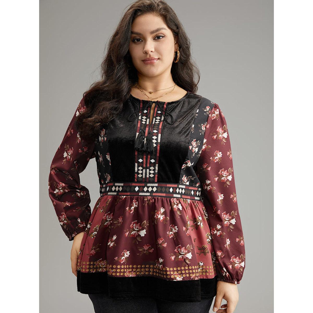 Plus Size Scarlet Velvet Floral Contrast Knot Neck Tassel Blouse Women Vacation Long Sleeve Tie Neck Dailywear Blouses BloomChic 14-16/1X Product Image