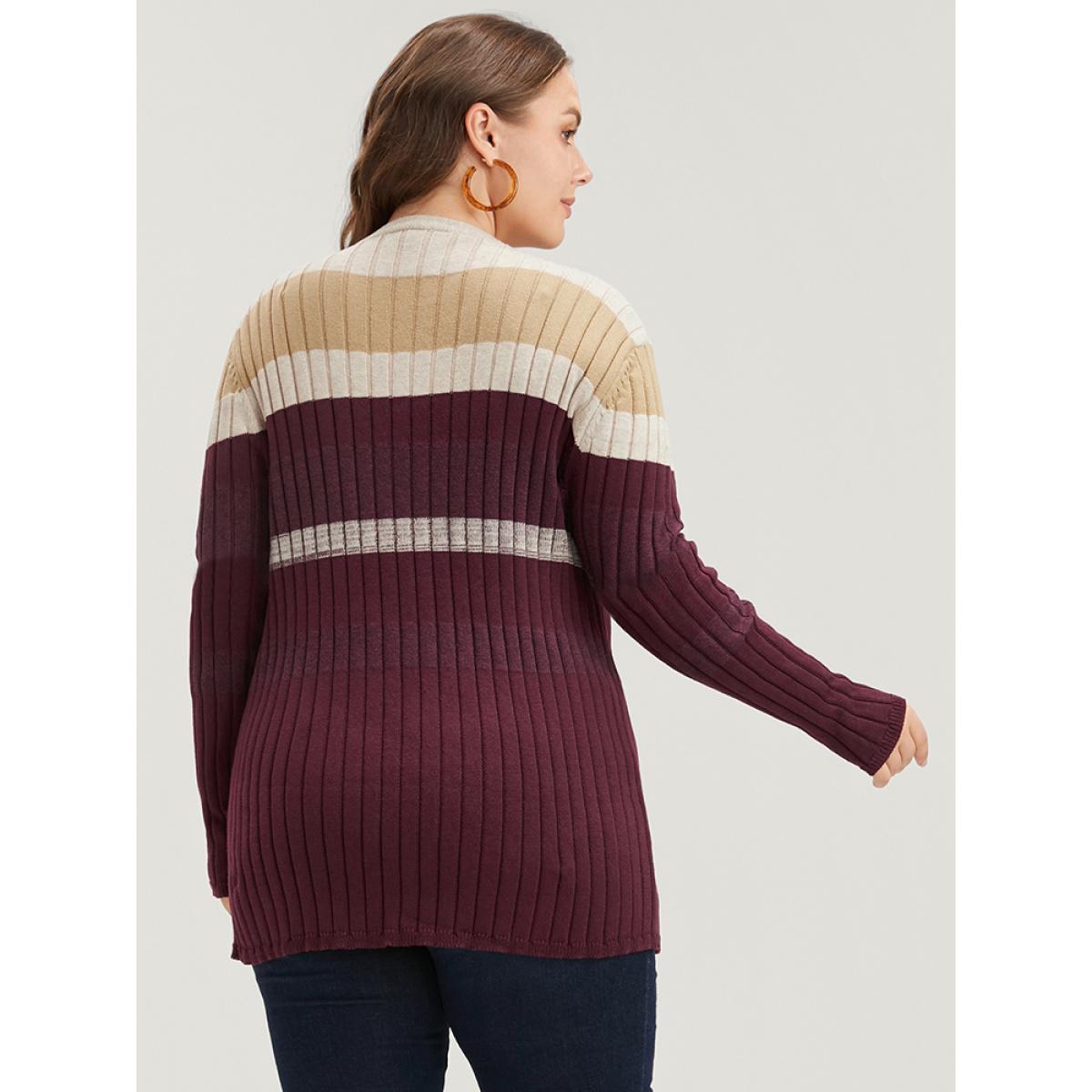 Plus Size Colorblock Contrast Super Soft Rib Knit Pocket Open Front Cardigan Burgundy Women Casual Long Sleeve Dailywear Cardigans BloomChic 30/6X Product Image