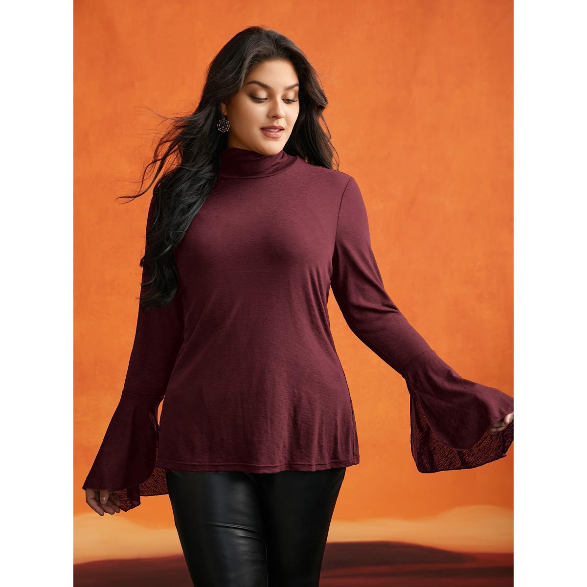 Plus Size Bell Sleeves Turtleneck T-shirt Burgundy Women Elegant Asymmetrical Turtleneck Bodycon Everyday T-shirts BloomChic 26/4X Product Image