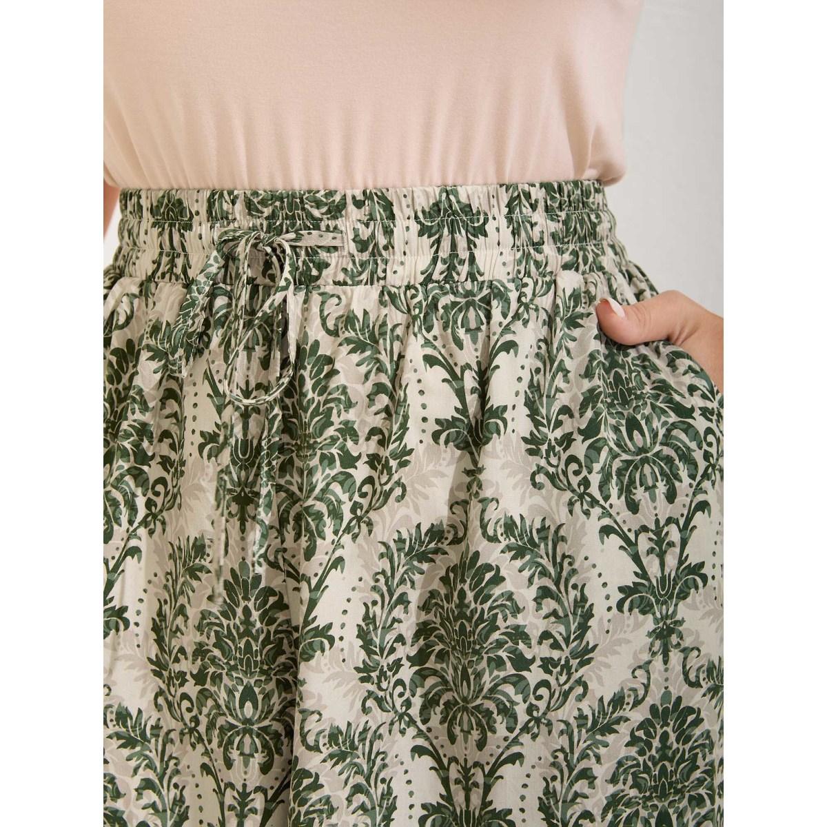 Plus Size Damask Print Straight-Leg Shorts Women LightGreen Resort Drawstring Straight Leg Vacation Shorts BloomChic 22-24/3X Product Image