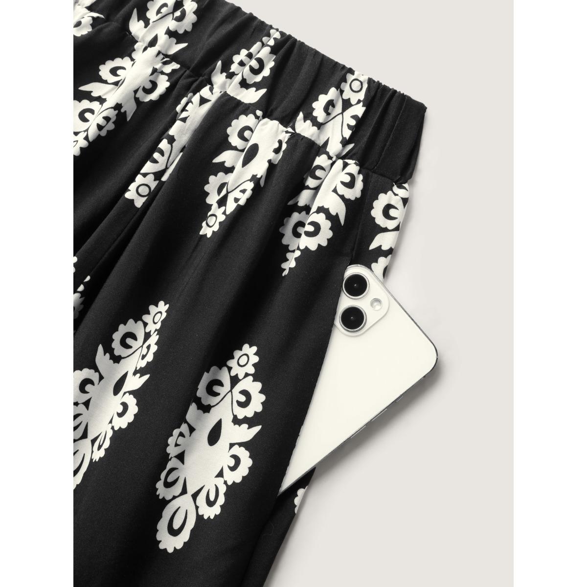 Plus Size Boho Print A-Line Midi Skirt Women BlackFlower Loose No stretch Side seam pocket Everyday-Casual Skirts BloomChic 12/L Product Image