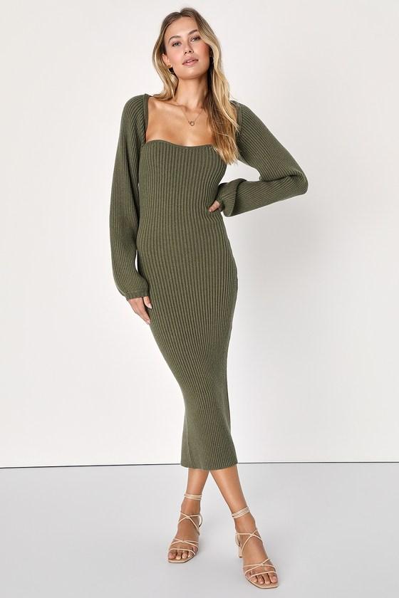 Autumn Aura Olive Green Ribbed Two-Piece Sweater Dress Product Image