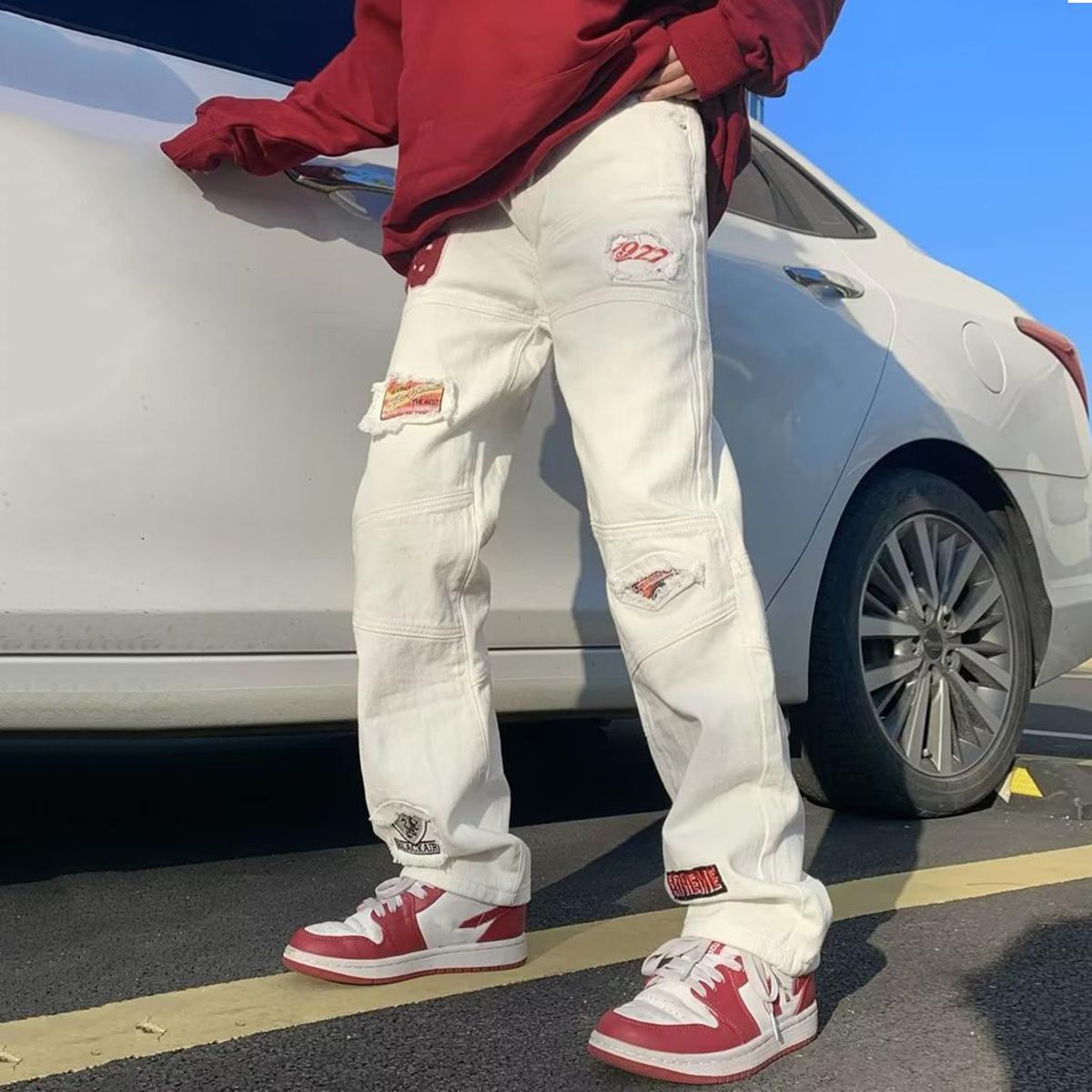 Sopula Men's High Street Embroidered Ripped Straight Jeans Product Image