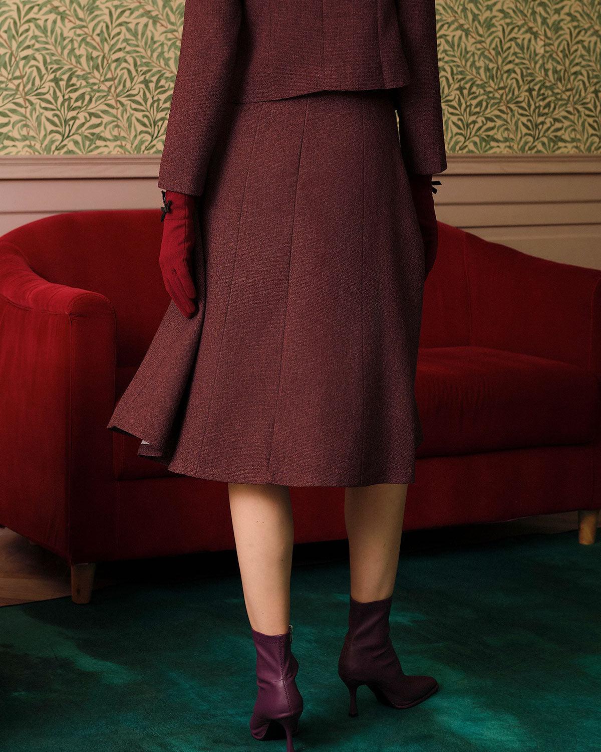 Burgundy High Waisted Tweed Skirt Female Product Image