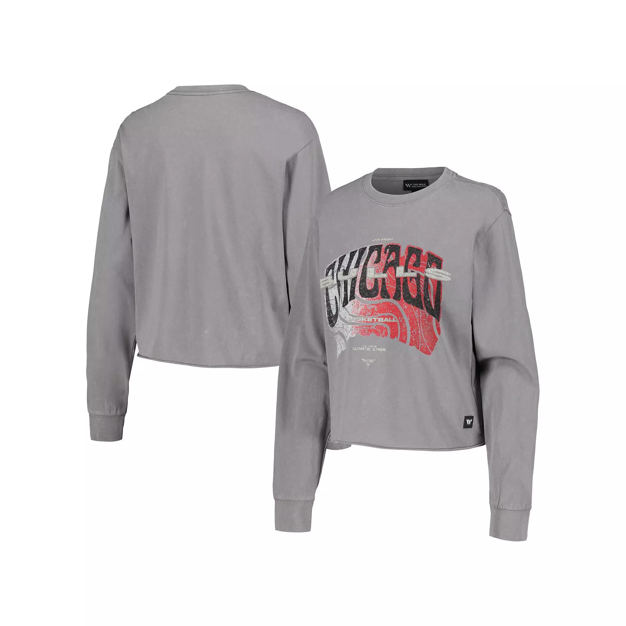 Women's The Wild Collective Gray Chicago Bulls Band Cropped Long Sleeve T-Shirt,  Product Image