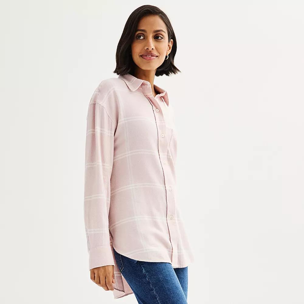 Petite Sonoma Goods For Life® Oversized Boyfriend Flannel, Women's, Size: Large Petite, Moss Green Plaid Product Image