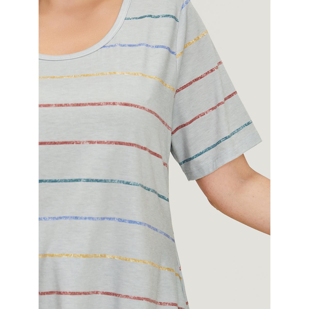 Plus Size Rainbow Striped Arc Hem T-shirt Gray Women Casual Contrast Striped Round Neck Dailywear T-shirts BloomChic 28/5X Product Image