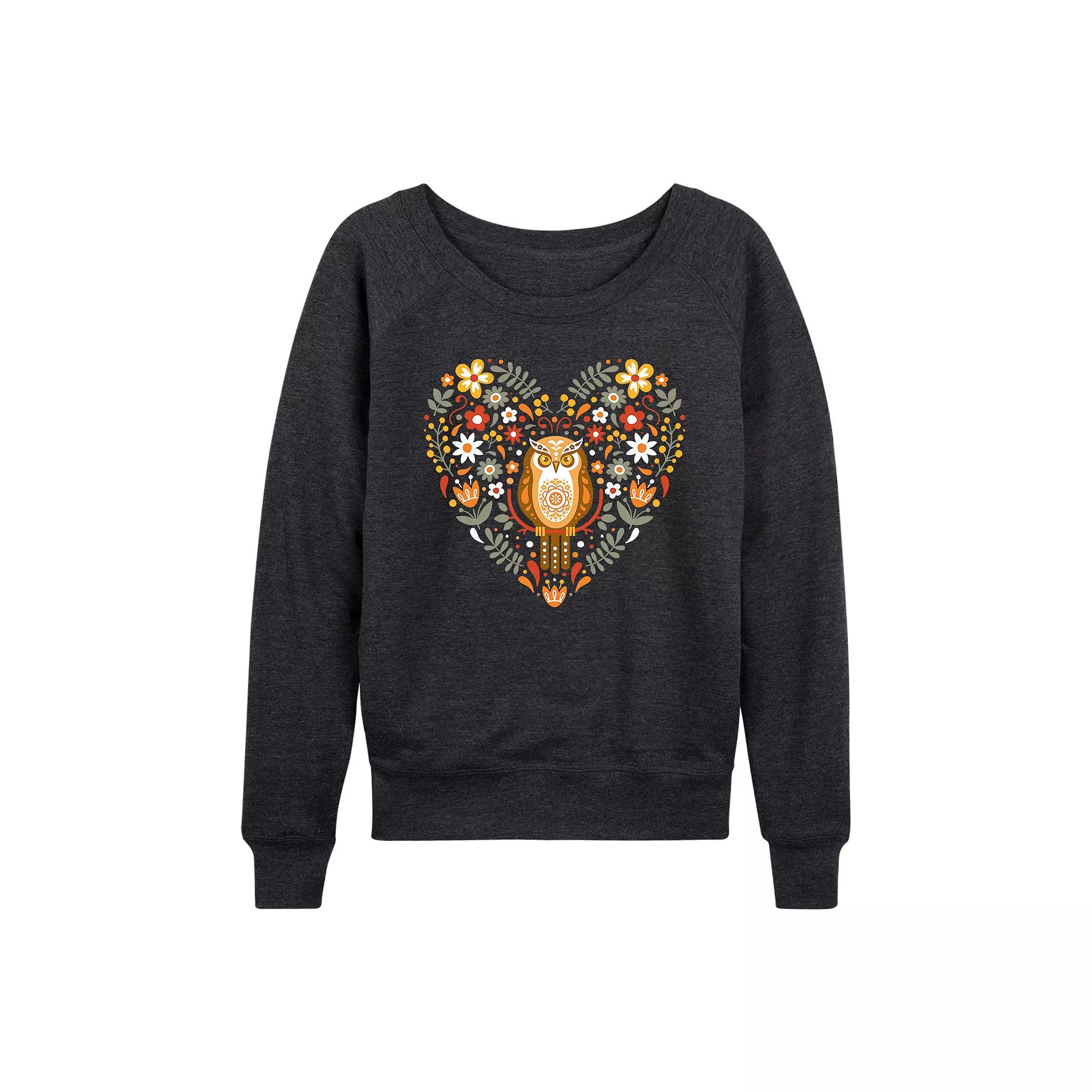 Women's Scandinavian Owl Floral Heart French Terry Long Sleeve Tee, Girl's,  Product Image