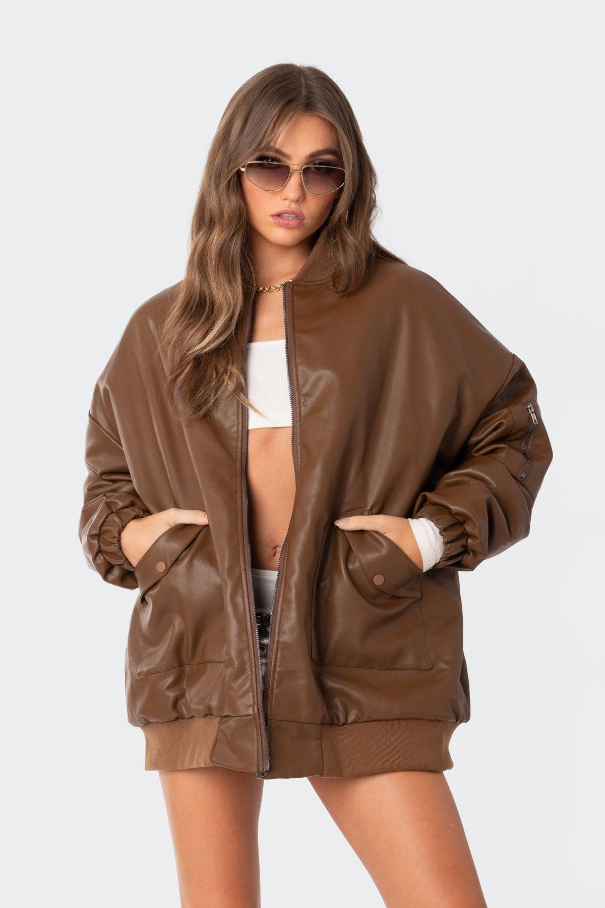 Faux Leather Oversized Bomber Jacket Product Image