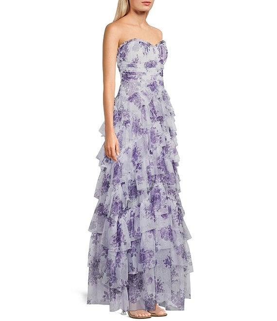 Pear Culture Printed Floral Mesh Strapless Corset Tiered Dress Product Image