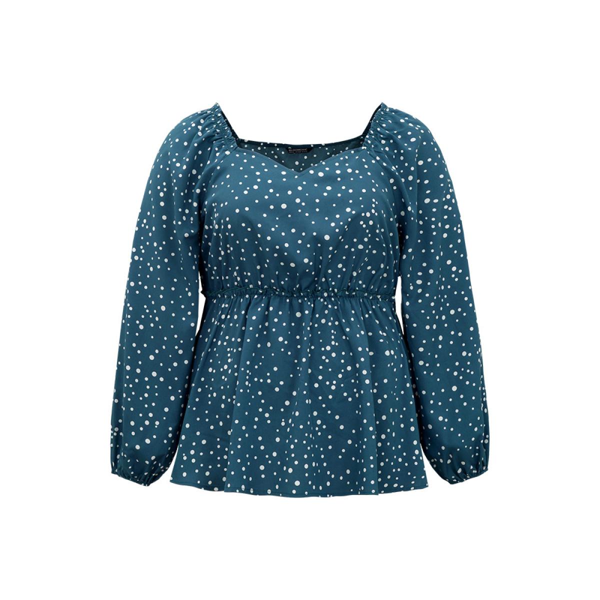 Plus Size Aegean Polka Dot Square Neck Gathered Blouse Women Elegant Long Sleeve Square Neck Everyday Blouses BloomChic 30/6X Product Image