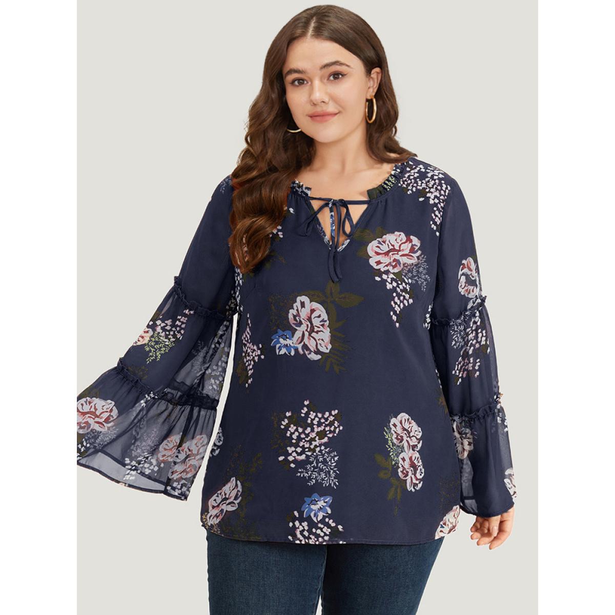 Plus Size Indigo Floral Print Knot Neck Frill Trim Mesh Bell Sleeve Blouse Women Vacation Long Sleeve Tie Neck Dailywear Blouses BloomChic 28/5X Product Image