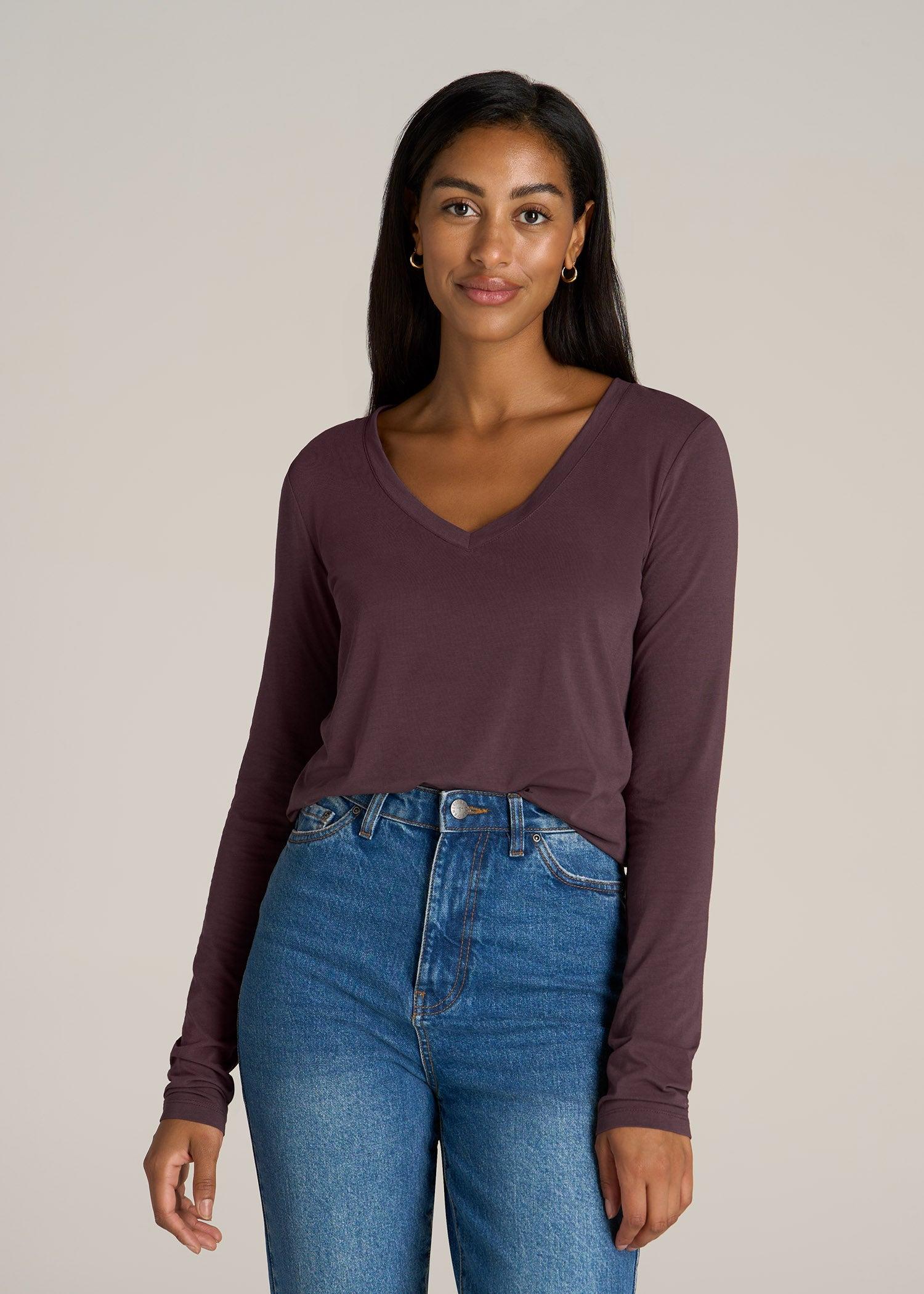 Long Sleeve Scoop V-Neck Tee Shirt for Tall Women in Merlot Female Product Image